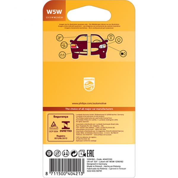 Lâmpada w5w Philips premium 12v 2 peças