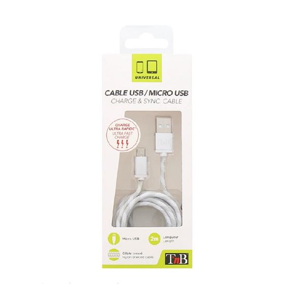 Cabo de nylon usb/micro usb 2 metros branco dourado