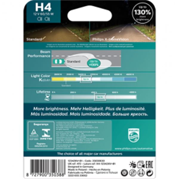 Lâmpada h4 Philips xtreme vision 60/55w 12v 1 unid.