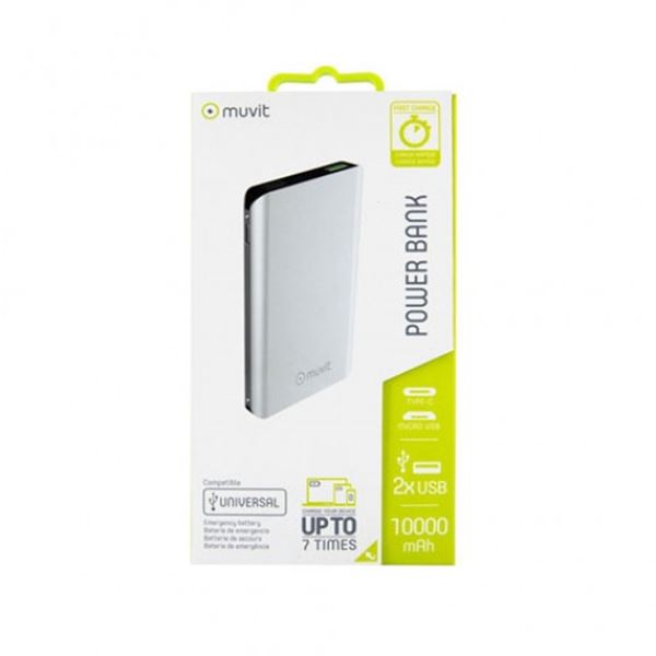 Muvit 10000 mah bateria externa multiusos para telemóvel 7 cargas max. prata