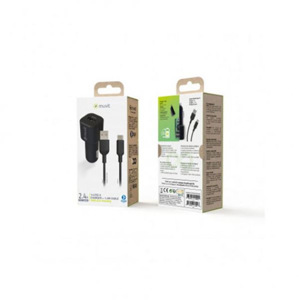 Pack carregador de telemóvel para automóvel usb 12w e cabo usb para automóvel tipo c 3a 1,2 m preto Muvit para mudança