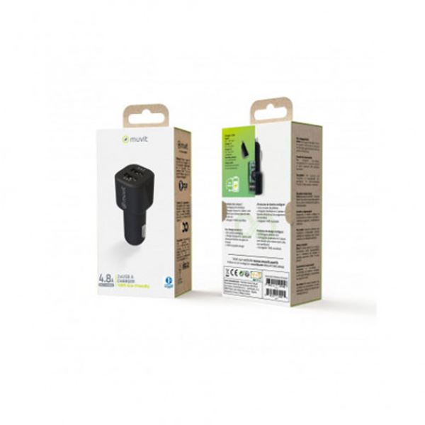 Carregador de telemóvel para automóvel 2 portas usb 4.8a preto Muvit para mudança