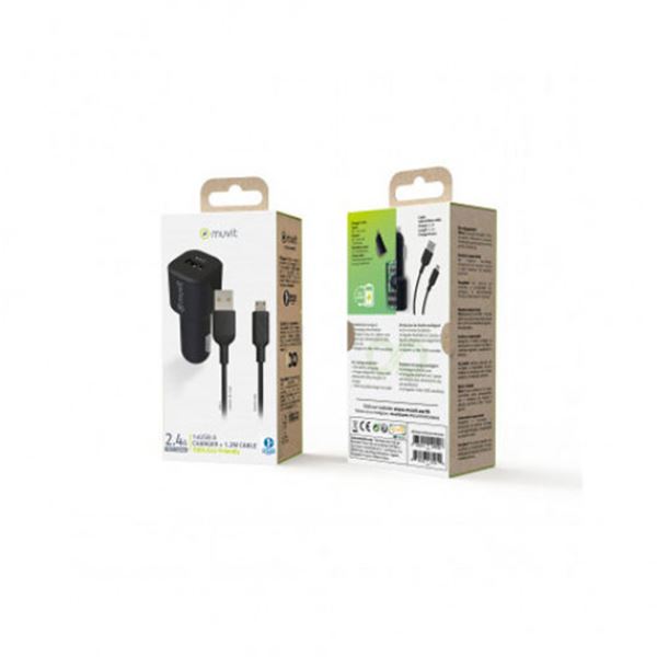 Pack carregador de telemóvel para automóvel usb 2.4a e cabo micro usb para automóvel 2.4a 1,2m preto Muvit para mudança