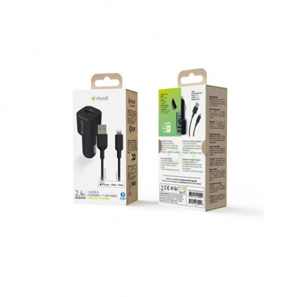 Pack carregador de telemóvel para automóvel usb 2.4a e cabo usb-lightning mfi 2.4a 1.2m preto Muvit for change