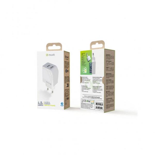 Carregador de telemóvel 2 portas usb 4.8a 24w branco Muvit para mudança