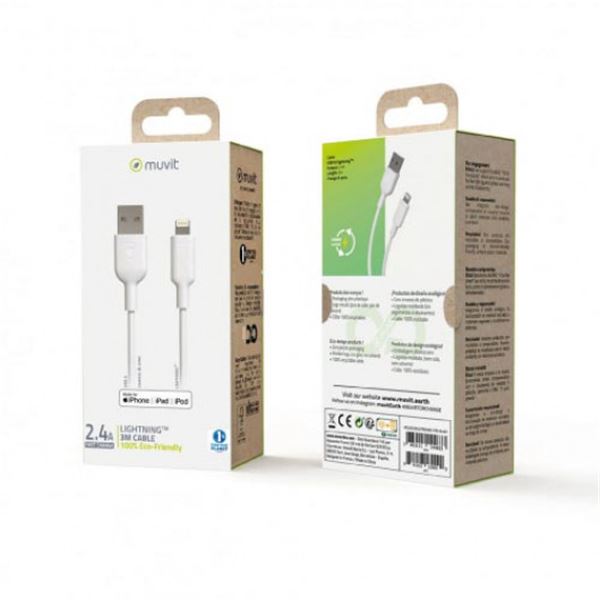 Cabo usb lightning mf1 2.4a 3m branco Muvit para mudança