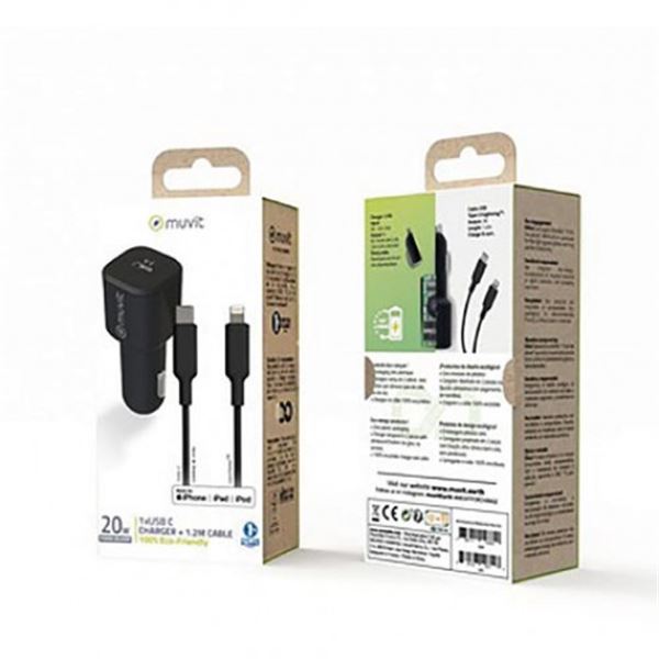 Pack carregador para automóvel tipo c pd 20w + cabo tipo c para lightning 2.4a 1m preto Muvit para mudança