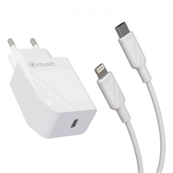Pack transformador tipo c pd 20w + cabo tipo c para relâmpago 2.4a 1m branco Muvit para mudança