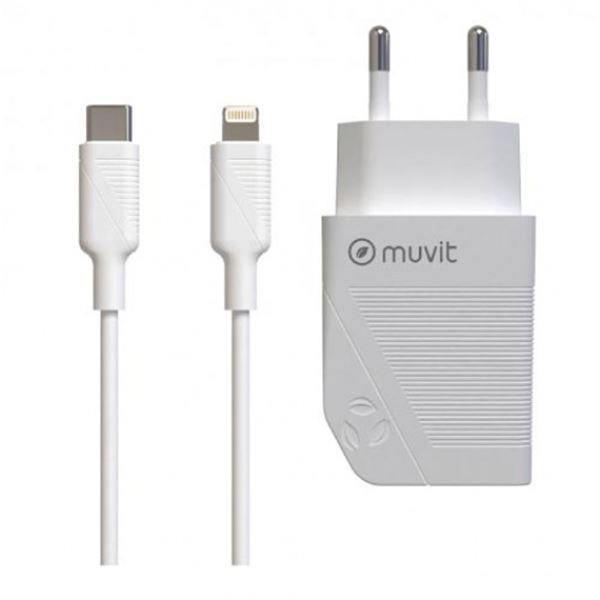 Pack transformador tipo c pd 20w + cabo tipo c para relâmpago 2.4a 1m branco Muvit para mudança