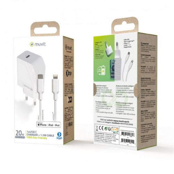 Pack transformador tipo c pd 20w + cabo tipo c para relâmpago 2.4a 1m branco Muvit para mudança
