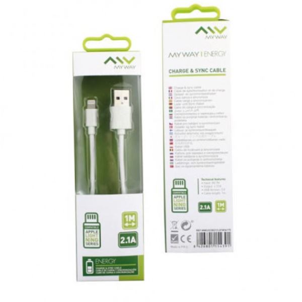 Cabo usb-lihtning 2.1a 1m branco Myway