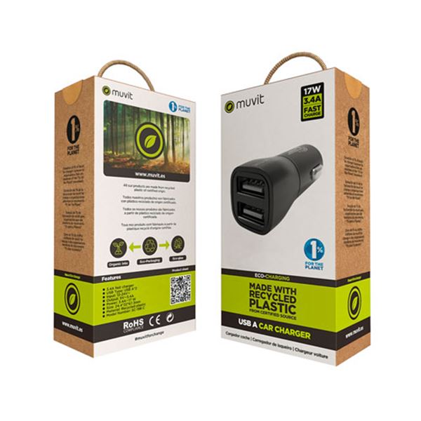 Carregador de automóvel Muvit 2 USB 3,4a preto