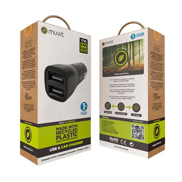 Carregador de automóvel Muvit 2 USB 3,4a preto