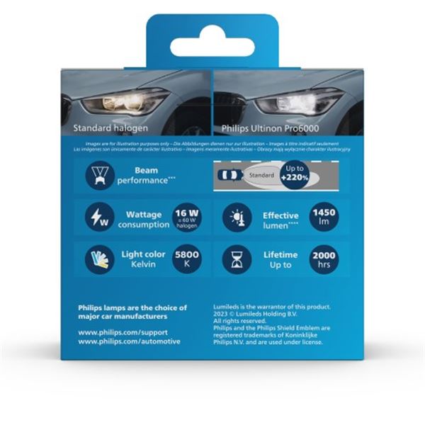 Lâmpada LED H7 para automóvel Philips Ultinon Pro6000 Standard 2 pcs 17W 12V